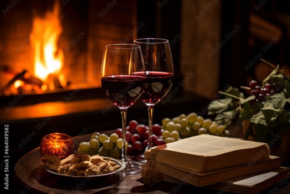 A Sophisticated Evening with a Glass of Port Wine, Aged Cheese, Crackers, and a Good Book by the Warm Fireplace
