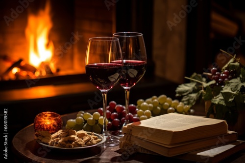 A Sophisticated Evening with a Glass of Port Wine  Aged Cheese  Crackers  and a Good Book by the Warm Fireplace