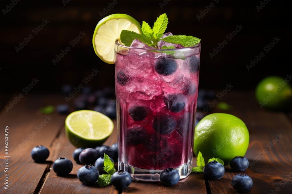 Fototapeta premium A close-up shot capturing the refreshing essence of a glass of chilled blueberry limeade, garnished with fresh lime slices and blueberries