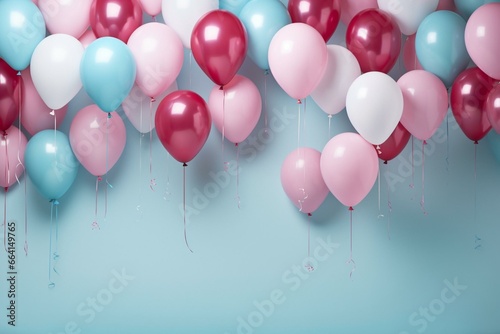 Balloons in maroon, pink, and pastel blue. Wallpaper. Generative AI