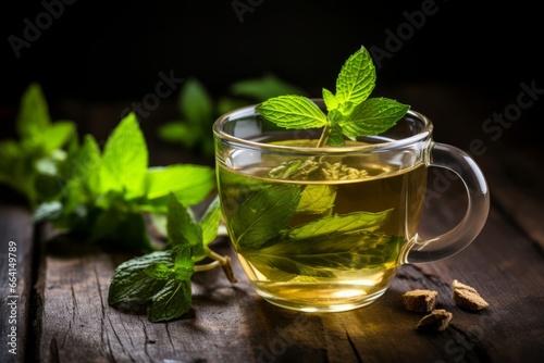 A Warm Cup of Peppermint and Vanilla Tea Steeping on a Rustic Wooden Table, Surrounded by Fresh Peppermint Leaves and Vanilla Pods
