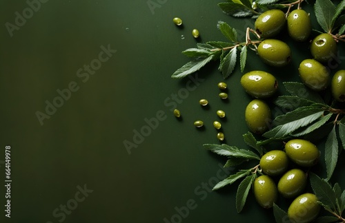 Green olives with leaves on dark green background  top view