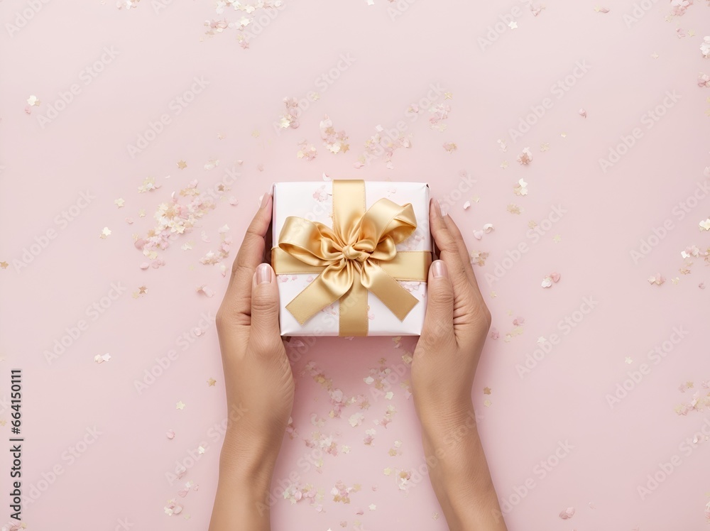 Hands holding gift box on pink background Hands holding gift box on pink background