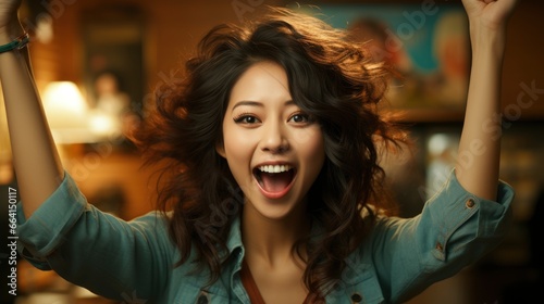 Close Up Cheerful Japanese Woman Celebrates Raises, Background Image ,Desktop Wallpaper Backgrounds, Hd
