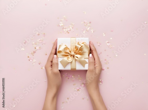 Hands holding gift box on pink background