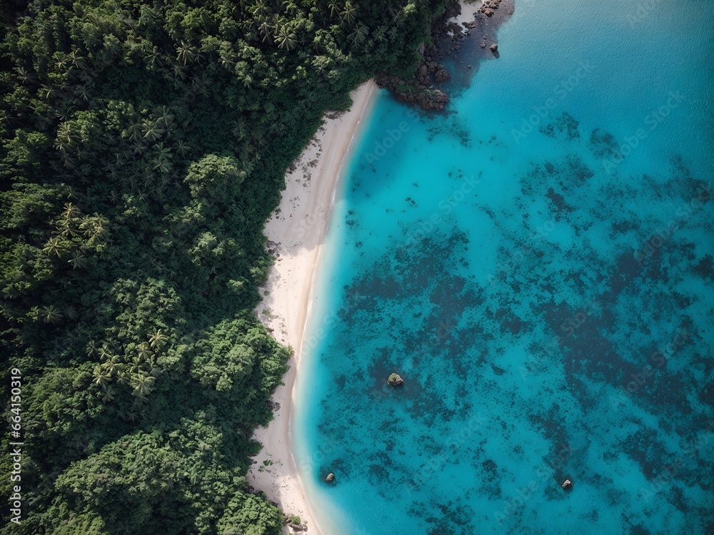 Aerial top down view tropical beach rainforest blue lagoon Aerial top down view tropical beach rainforest blue lagoon