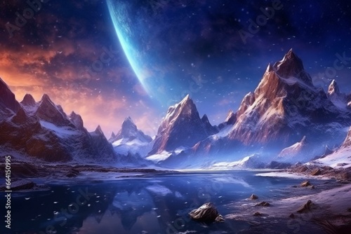 Breathtaking winter panorama with majestic mountains, enchanted forest, icy land, glacier, celestial night, RPG gaming backdrop, mystical gorge, Milky Way. Generative AI