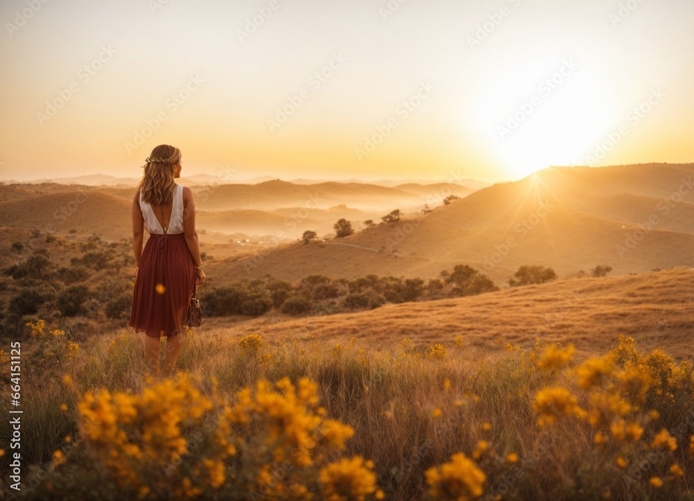 Happy woman standing on sunset in nature