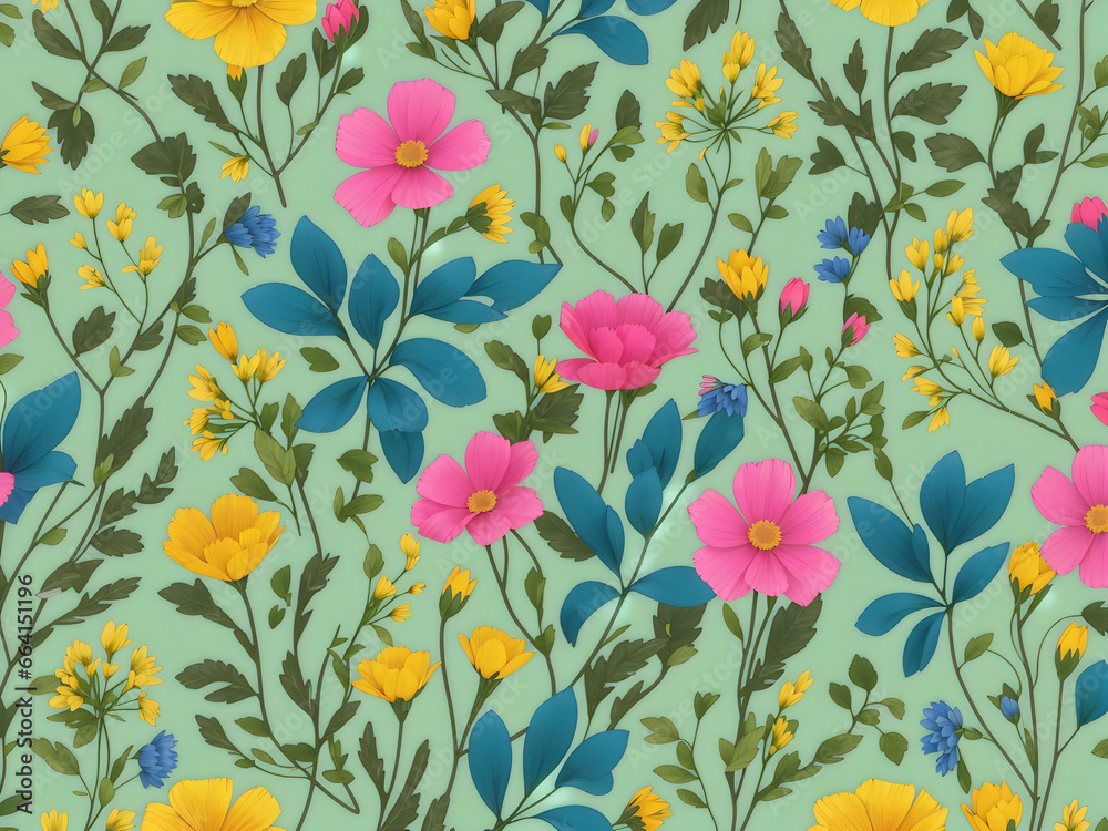 Yellow, pink, and blue wildflower patterns. 