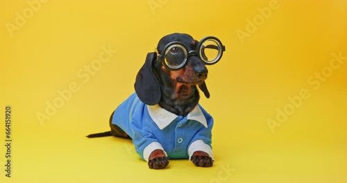 Dachshund dog puppy in school uniform lieson yellow background wearing round glasses of excellent student first-grader with poor eyesight is overtired fro information, tired, adapting to school photo