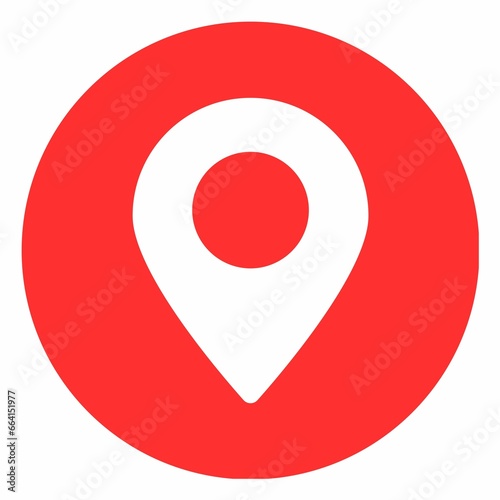 Map pointer flat icon. Vector white symbol on red circle isolated on white background.