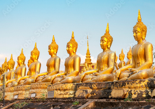 Many small,golden Buddha statues at Wat Phousalao,hilltop temple,reflecting sunset light,overlooking Mekong River,Pakse,southern Laos. photo