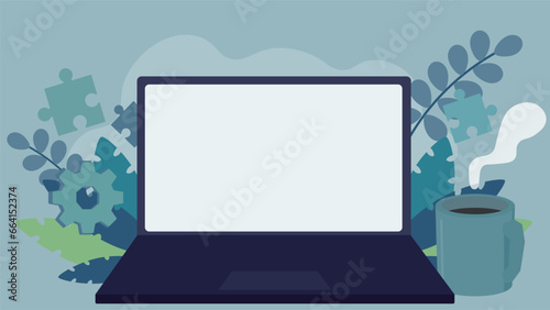 植物やピース、歯車、マグカップで飾られた白い画面のノートパソコン（青）　Laptop with white screen decorated with plants, pieces, gear and mug (blue)