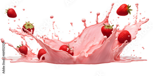 pink milk splash with strawberries isolated on transparent background - healthy, drink, lifestyle, diet design element PBG cutout