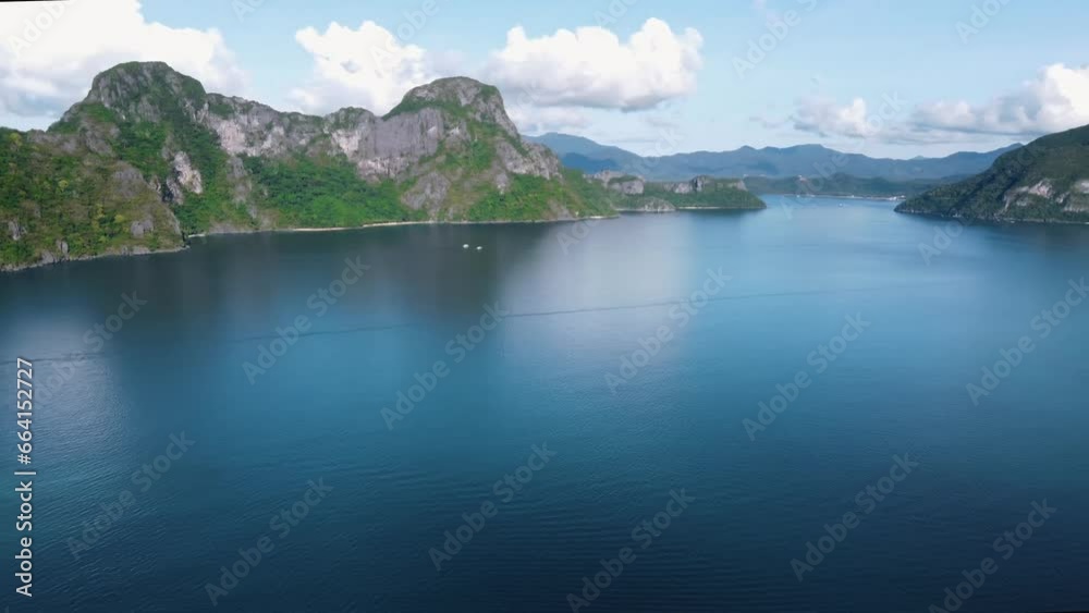 Seascape view of Bacuit bay archipelago islands in El Nido, philippines. Aerial panning Seascape view of Bacuit bay archipelago islands in El Nido, philippines. Aerial panning