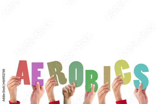 Digital png illustration of hands with aerobics text on transparent background