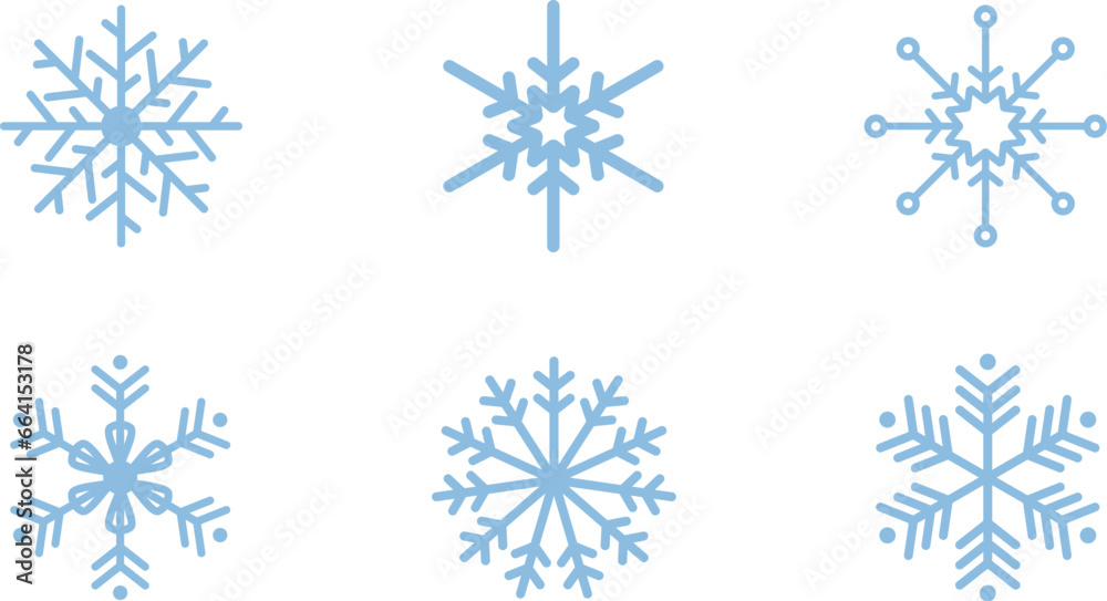 Snowflakes icon set. Blue snowflakes on white background. Snowflakes icon set. Blue snowflakes on white background.