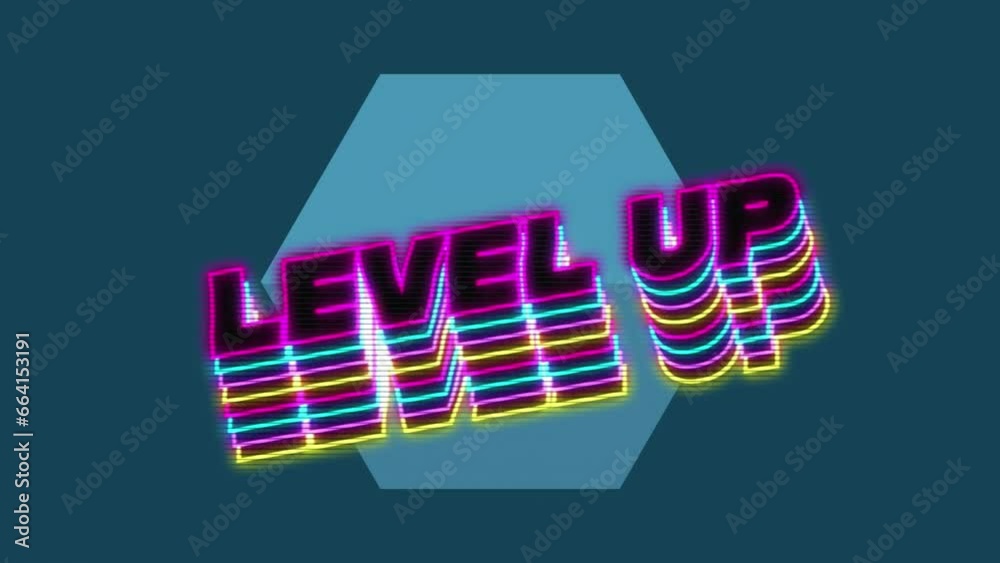 Animation of neon level up text with shadow effect against hexagonal shapes on blue background