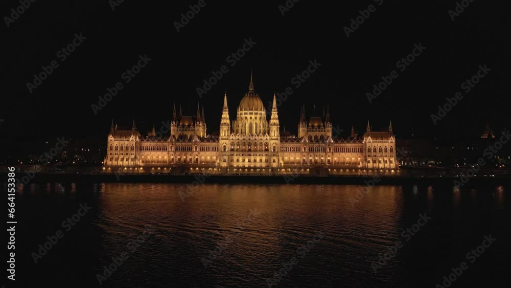 Boom Shot Above Danube River with Hungarian Parliament in Background at Night Boom Shot Above Danube River with Hungarian Parliament in Background at Night