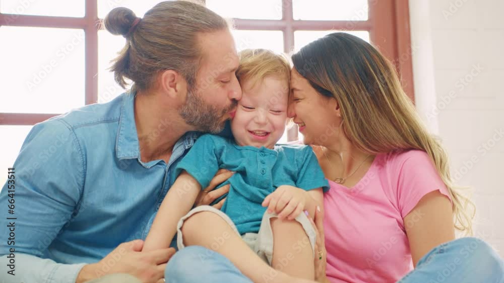 Caucasian family spend leisure time with baby boy in bedroom at house. Caucasian family spend leisure time with baby boy in bedroom at house.