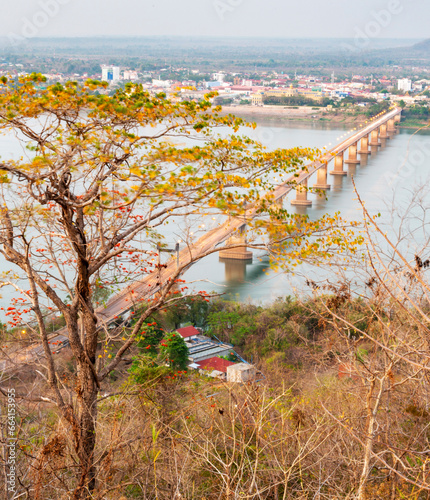 Lao-Nippon Bridge and Mekong River,at sunset,viewed from Wat Phousalao hilltop temple,Laos. photo