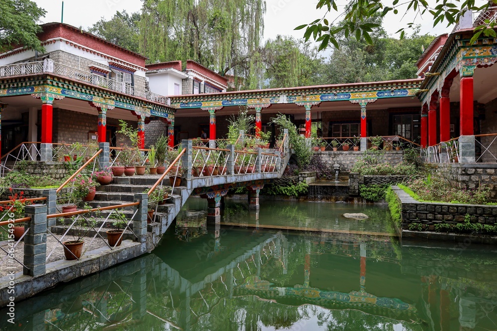 Admire the tranquil allure of Norbulingka Institute's enchanting garden, where colorful Tibetan buildings harmoniously coexist with lush greenery, while a peaceful pond teems with vibrant fish.