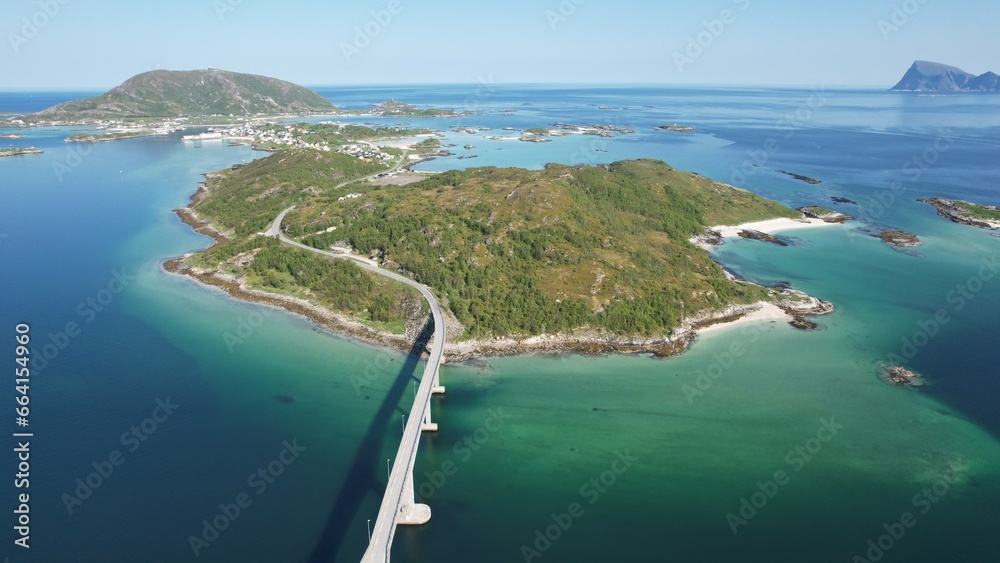 Bridges in the countryside. Norway View from above. Abstract landscape of rocks and sea.