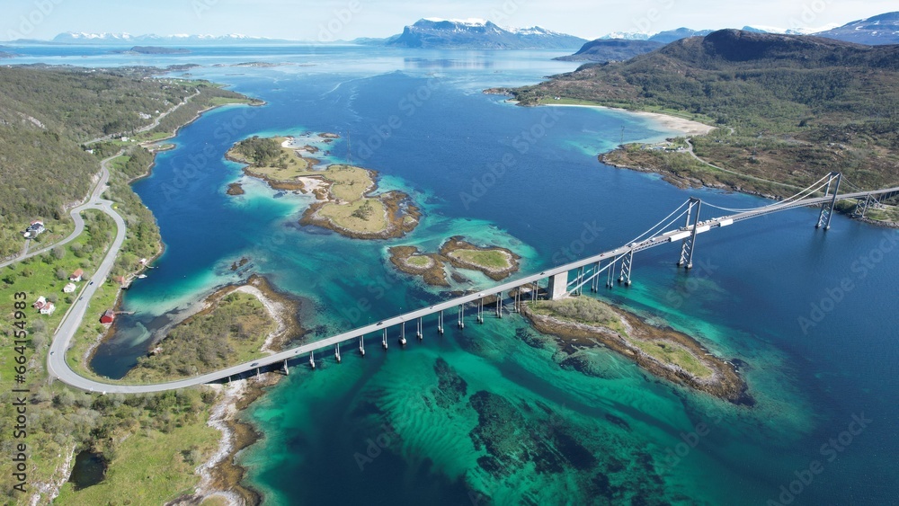 Bridges in the countryside. Norway View from above. Abstract landscape of rocks and sea.