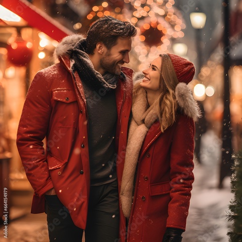 Happy Couple Walking Along Winter Street | Christmas Background, Love
