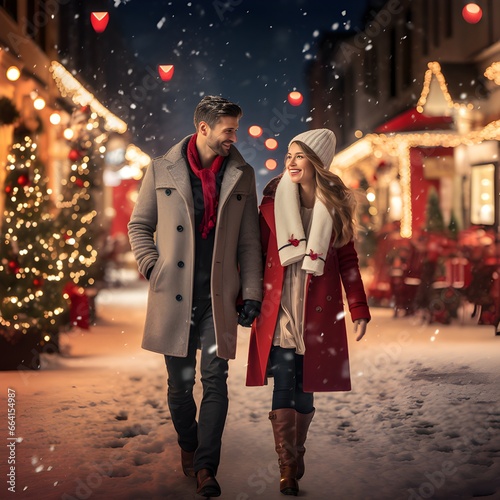 Happy Couple Walking Along Winter Street | Christmas Background, Love