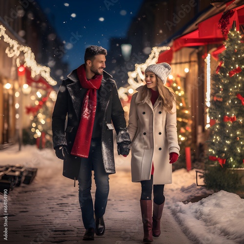 Happy Couple Walking Along Winter Street | Christmas Background, Love