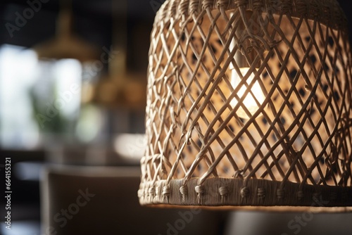 Close-up of chic woven lamp hanging over a table. Generative AI