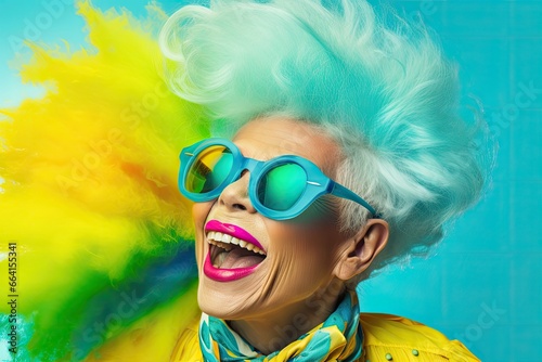 Joyful woman wearing a vibrant neon ensemble, playful sunglasses, and a flamboyant fashion sense, exuberantly laughing and beaming, striking trendy poses in a studio.