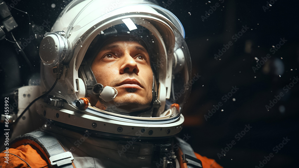 The close up portrait of a confident astronaut’s face in a spacesuit on the dark space background with lights of stars, Generative AI. The close up portrait of a confident astronaut’s face in a spacesuit on the dark space background with lights of stars, Generative AI.
