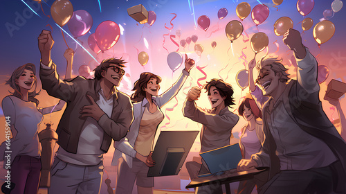 Characters come together in a virtual Tele-Treasure celebration, expressing their gratitude and excitement as they celebrate the successful conclusion of the giveaway in the Telegram community