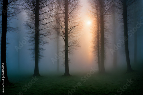 dawn,forest,sing,Fog, windless,brilliant,fairy ,Generative AI
