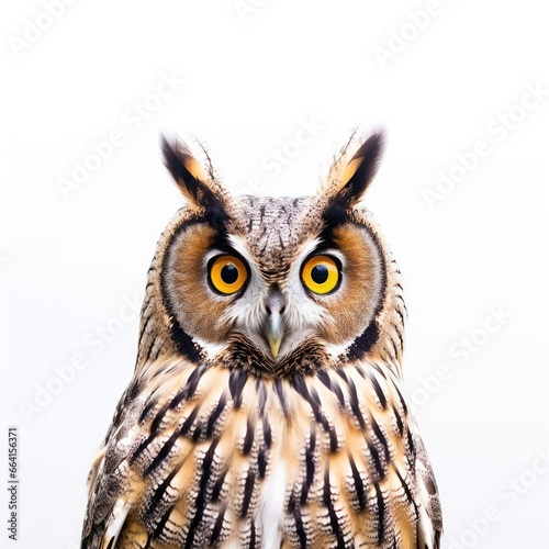 A studio portrait captures the astonishment of an owl.