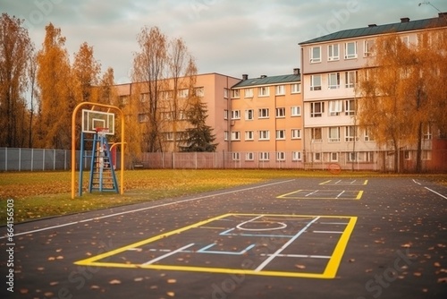 School building and schoolyard with playground during evening in autumn. Selective focus on hopscotch. Back to school educational concept. Generative AI © Calantha