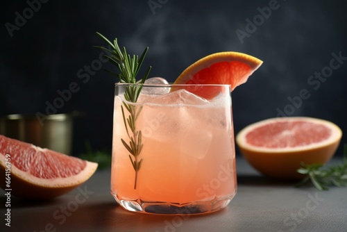 Refreshing mocktail with grapefruit soda, lime garnish, and rosemary sprig on a neutral beige background. Close-up view. Generative AI