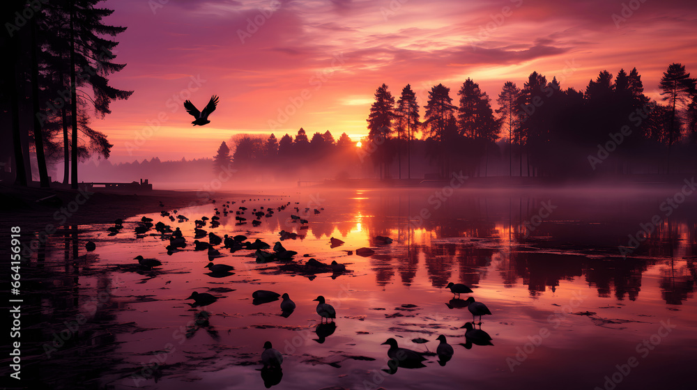Naklejka premium Birds resting by the lake at sunset.