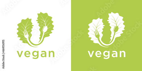fork and spoon logo design in green lettuce leaves. icon symbol for health restaurant food, organic food, vegetarian logo