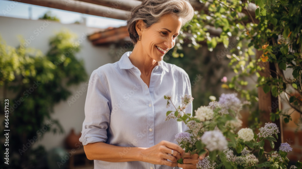 happy senior woman with flowers blooming at summer garden happy senior woman with flowers blooming at summer garden