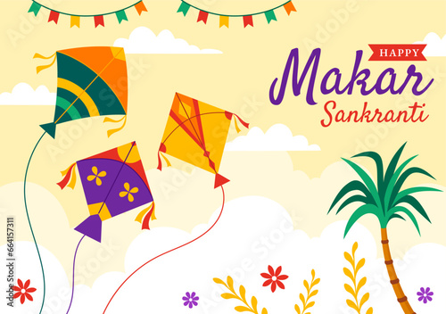 Makar Sankranti Vector Illustration. Translation the Harvest Festival. Indian Festive with Flying Colorful Kites And String Spools in Flat Background
