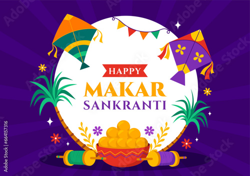 Makar Sankranti Vector Illustration. Translation the Harvest Festival. Indian Festive with Flying Colorful Kites And String Spools in Flat Background
