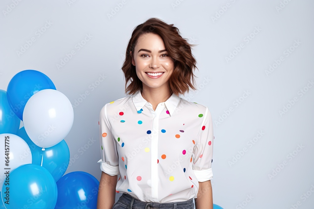 party props photo booth happy asian young woman with ballon grey background Generative AI party props photo booth happy asian young woman with ballon grey background Generative AI