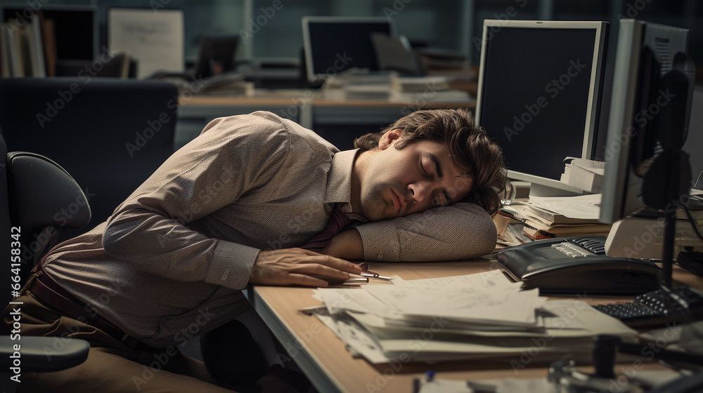 A tired office worker fall asleep at the office. A tired office worker fall asleep at the office.
