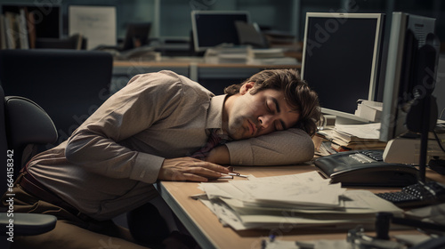 A tired office worker fall asleep at the office.