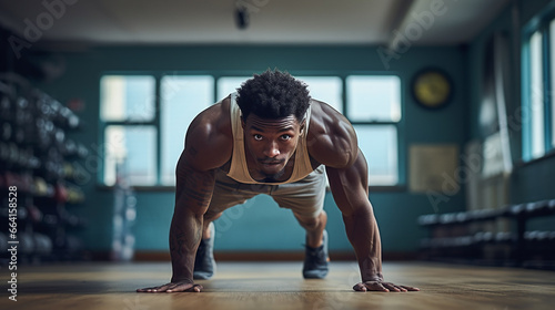 Athlete doing push up in a gym. photo