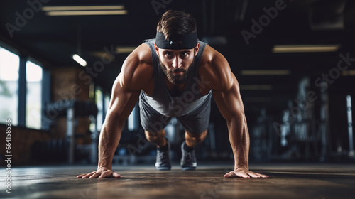 Athlete doing push up in a gym.