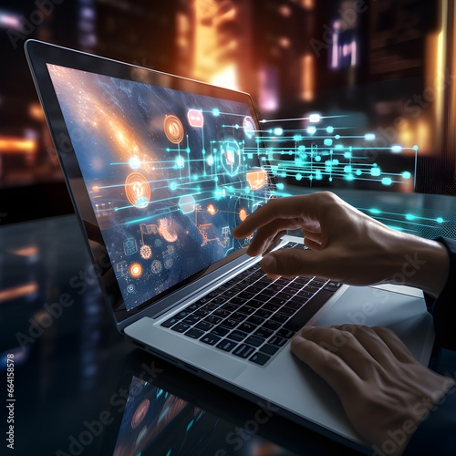 Close-Up of Man's Hand Working on Futuristic Social Media Marketing Icon with Laptop and Tablet | Business and Technology Concept